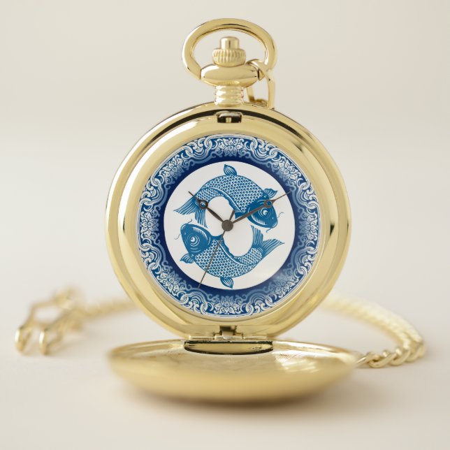 Koi Carp Fish Chinoiserie Blue Pattern Pocket Watch (Inside)