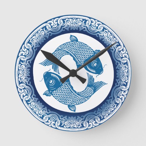 Koi Carp Fish Chinoiserie Blue Pattern Round Clock
