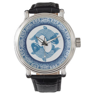 Koi Carp Fish Chinoiserie Blue Pattern Watch