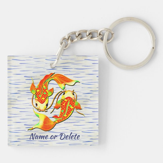 Koi Carp Fish Orange Green on Water - Add Name Keychain (Back)