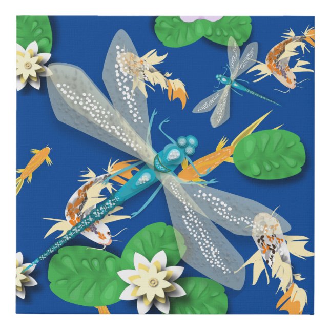 Koi Carp, Water Lily and Blu Dragonfly  Faux Canvas Print (Front)