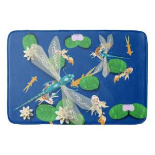 Koi Carp, Water Lily and Blue Dragonflies  Bath Mat
