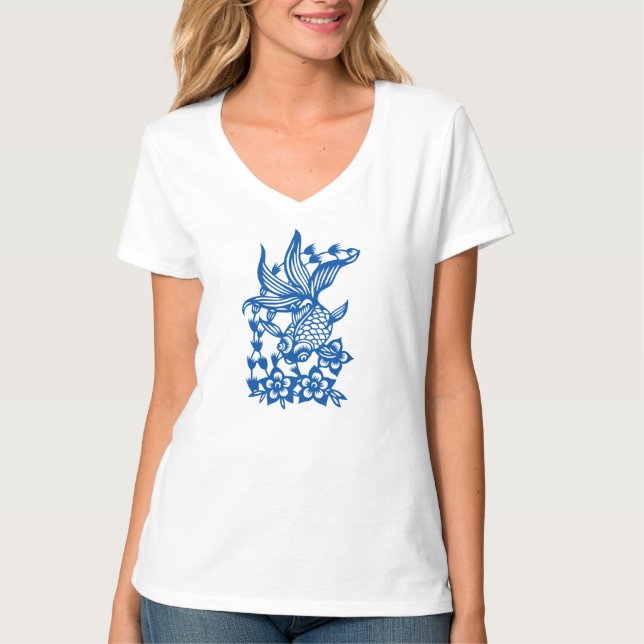 Koi Fish Amongst Blue flowers T-Shirt (Front)