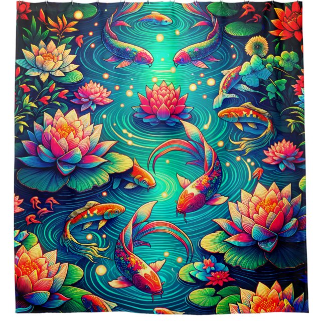 “Koi Fish and Lotus Flowers - Vibrant Aquatic Art” Shower Curtain (Front)