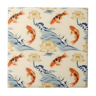 Koi Fish and Lotus Seamless Pattern Ceramic Tile