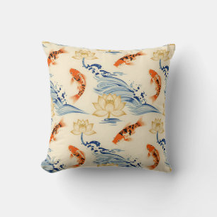 Koi Fish and Lotus Seamless Pattern Throw Pillow