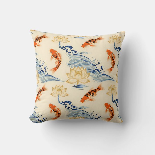 Koi Fish and Lotus Seamless Pattern Throw Pillow (Front)