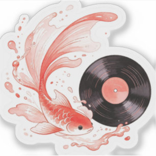 Koi Fish and Vinyl Record Aesthetic Sticker