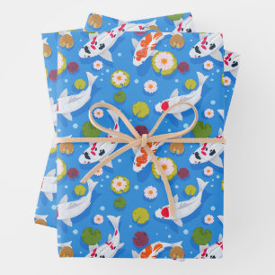 Koi Fish and Water Lilies Blue Wrapping Paper Sheets