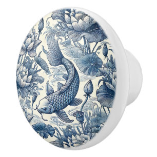 Koi Fish and Water Lily Blue Chinoiserie Toile Ceramic Knob