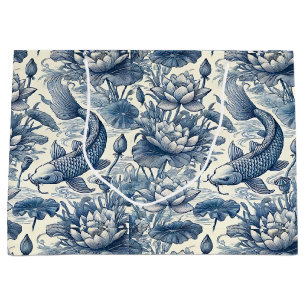Koi Fish and Water Lily Blue Chinoiserie Toile Large Gift Bag