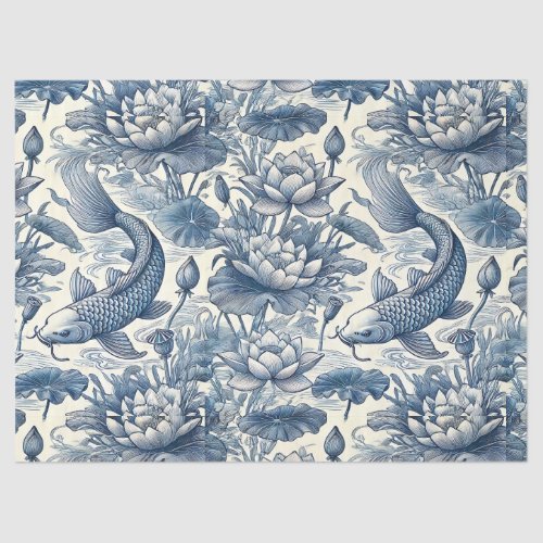 Koi Fish and Water Lily Blue Chinoiserie Toile Tissue Paper