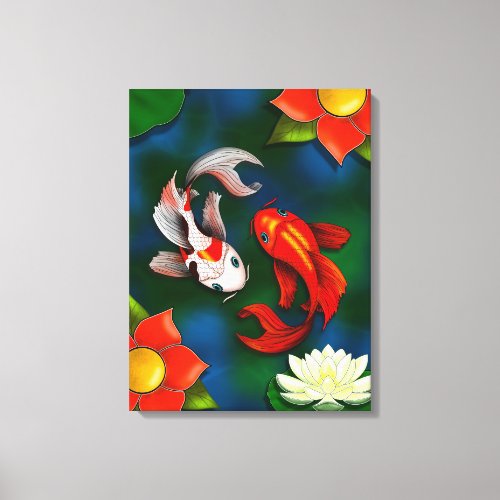 Koi fish and White Lotus Lily Pad Pond Canvas Print