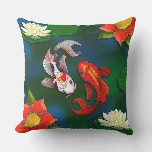 Koi fish and White Lotus Lily Pad Pond Outdoor Pillow