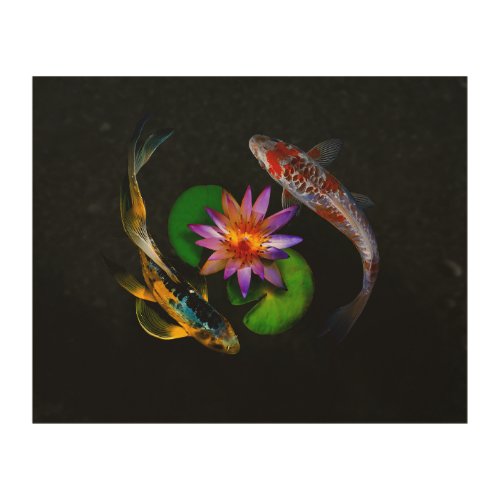 Koi Fish around Lotus Flower in a Zen Pond Wood Wall Art