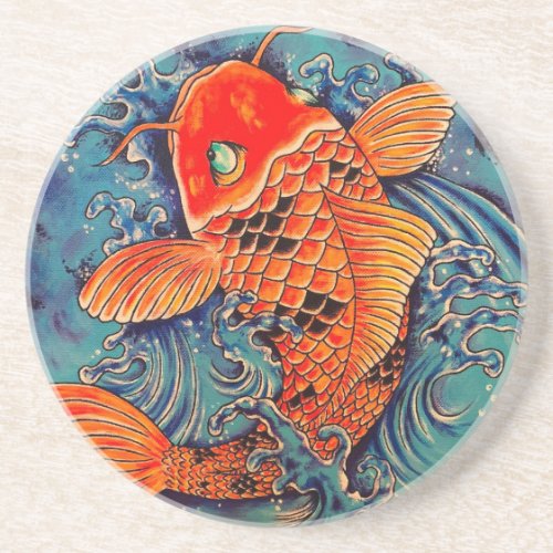 Koi Fish Art Orange Koi in Blue Water Coaster