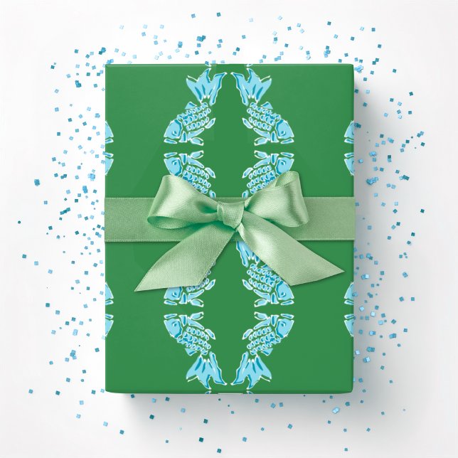 Koi Fish Chinoiserie Ogee in Green and Aqua Wrapping Paper (Creator Uploaded)