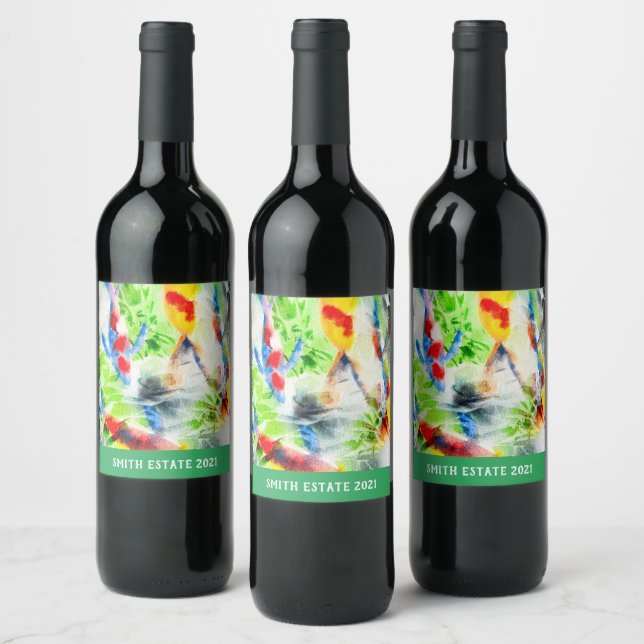 Koi fish colorful watercolor art wine label (Bottles)