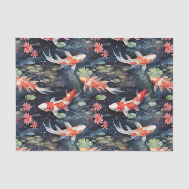 Koi Fish Dark Pond Floral Decoupage Tissue Paper (Front)