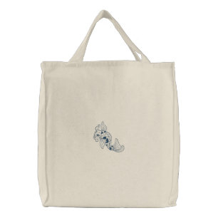 Koi fish embroidered reusable canvas tote bag