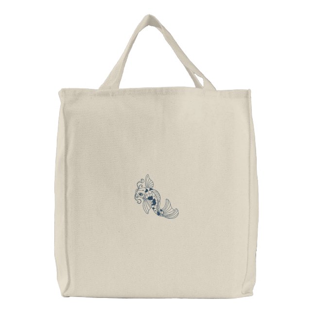 Koi fish embroidered reusable canvas tote bag (Front)