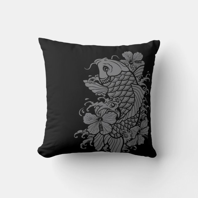 Koi Fish Gray on Black Throw Pillow (Front)