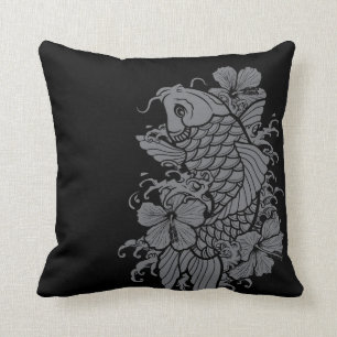 Koi Fish Gray on Black Throw Pillow