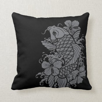 Koi Fish Gray On Black Throw Pillow by Brewerarts at Zazzle