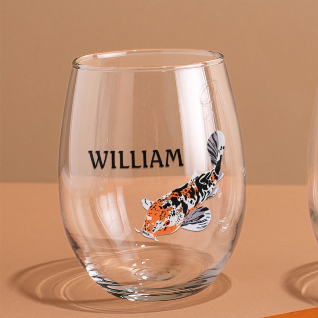 Koi Fish Illustration in Orange Personalized Stemless Wine Glass (Creator Uploaded)