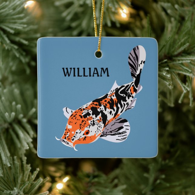 Koi Fish Illustration Orange and Blue Personalized Ceramic Ornament (Tree)