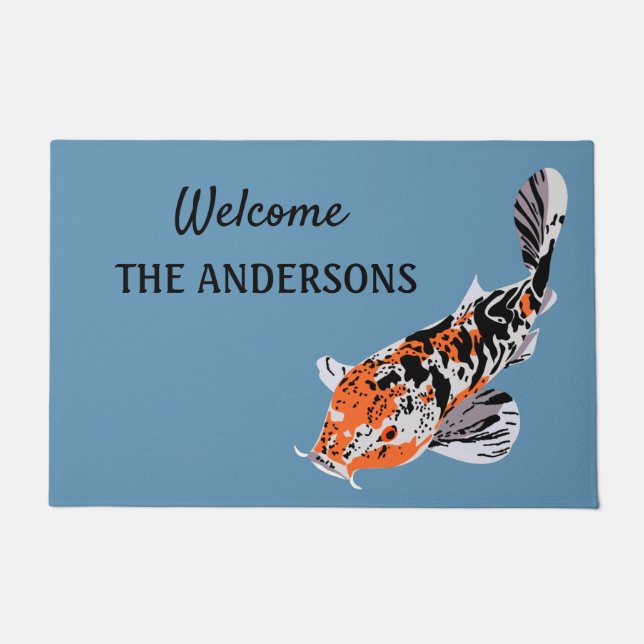 Koi Fish Illustration Orange and Blue Personalized Doormat (Front)