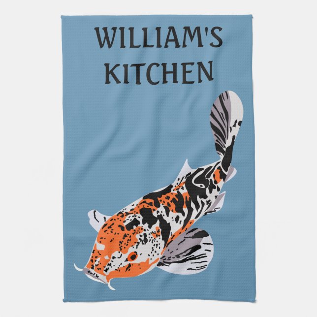 Koi Fish Illustration Orange and Blue Personalized Kitchen Towel (Vertical)
