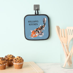 Koi Fish Illustration Orange and Blue Personalized Pot Holder