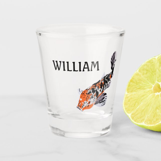 Koi Fish Illustration Orange and Blue Personalized Shot Glass (Front)