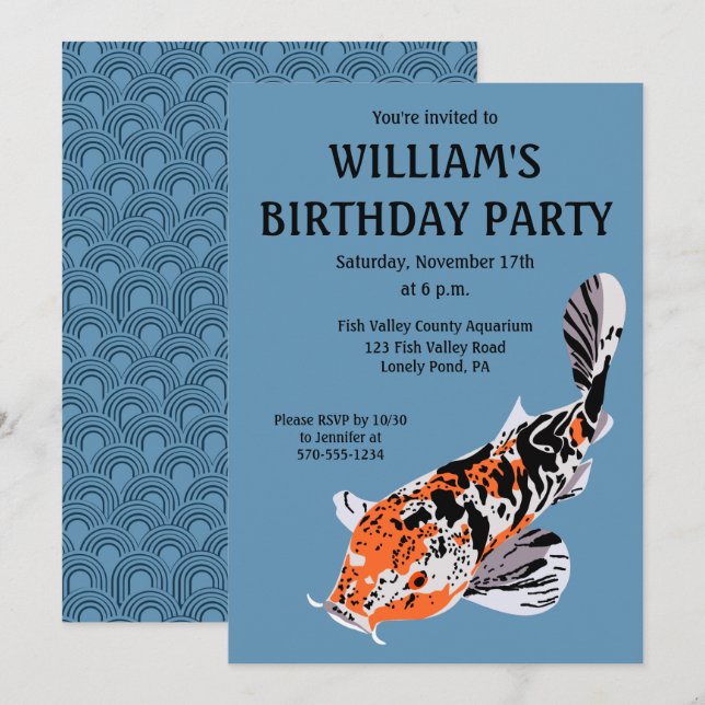 Koi Fish Illustration Orange, Blue Birthday Party Invitation (Front/Back)