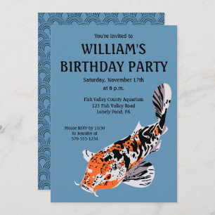 Koi Fish Illustration Orange, Blue Birthday Party Invitation