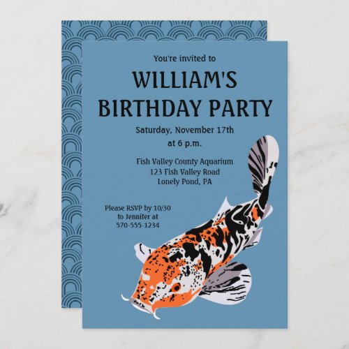 Koi Fish Illustration Orange Blue Birthday Party Invitation