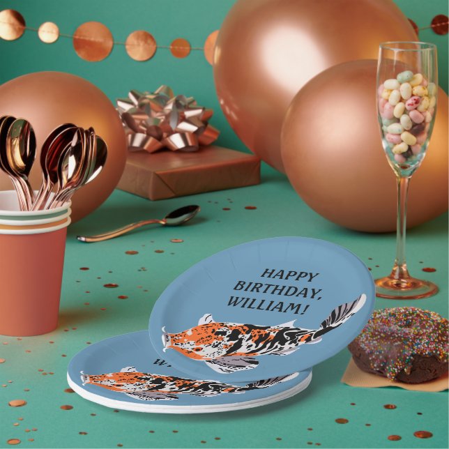 Koi Fish Illustration Orange, Blue Birthday Party Paper Plates (Multi)