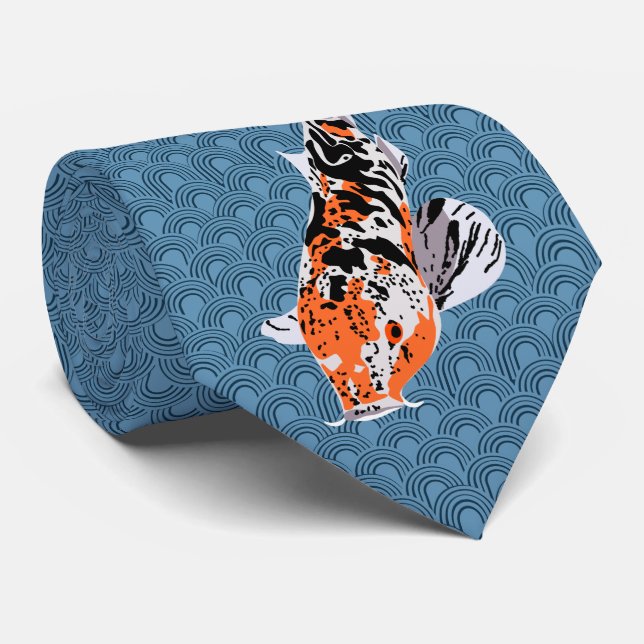 Koi Fish Illustrations on Blue Wave Background Neck Tie (Rolled)