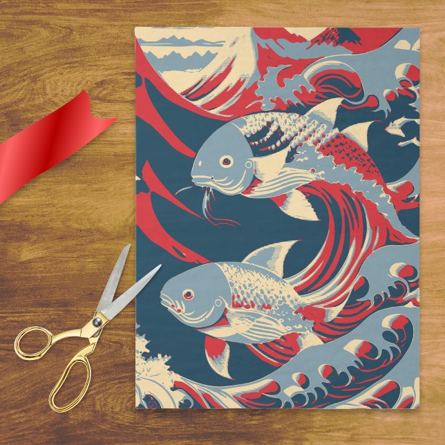 Koi Fish in Great Wave Style with Red Navy Blue Tissue Paper (Creator Uploaded)