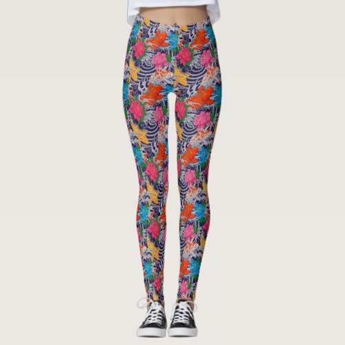 Koi Fish Japanese Tattoo With Wave Floral Pattern Leggings