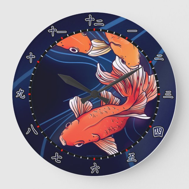 koi, fish, kitsch, Japan, cartoon, blue, kanji Large Clock (Front)