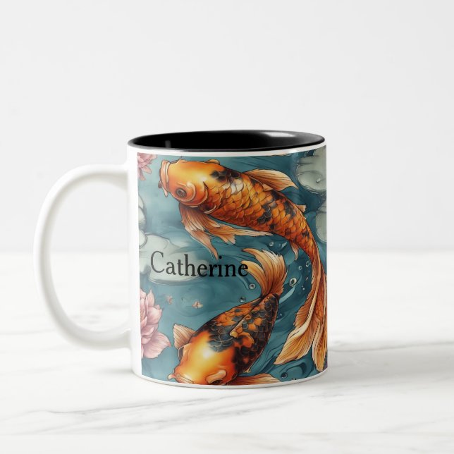 Koi Fish, Koi Fish Pair, Japanese, Personalized Two-Tone Coffee Mug (Left)