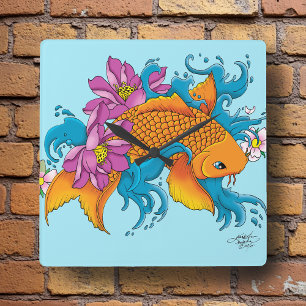 Koi Fish Lotus Cherry Blossoms Square Wall Clock