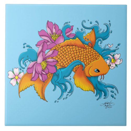 Koi Fish Lotus Chery Blossoms Ceramic Tile