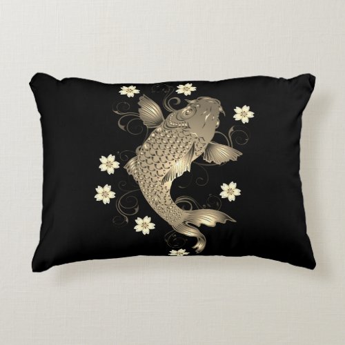 Koi fish oriental black and gold floral elegant  accent pillow