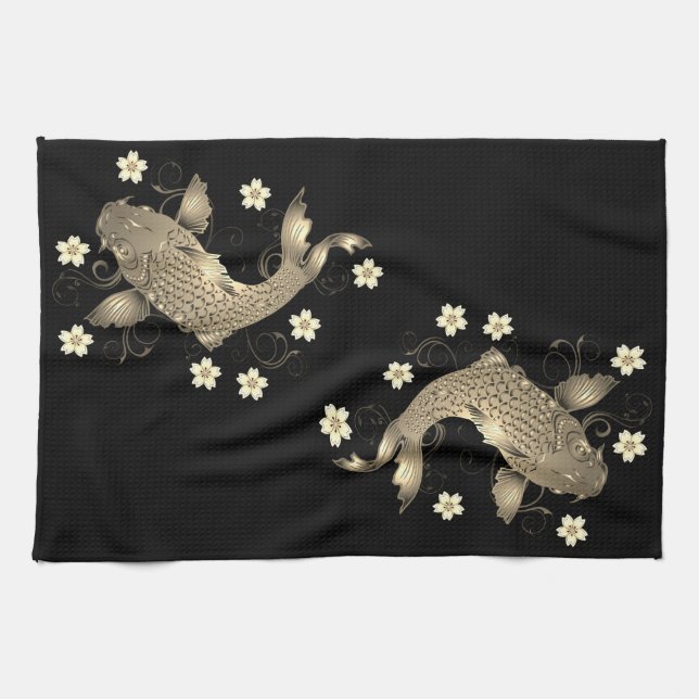 Koi fish oriental black and gold floral elegant  kitchen towel (Horizontal)