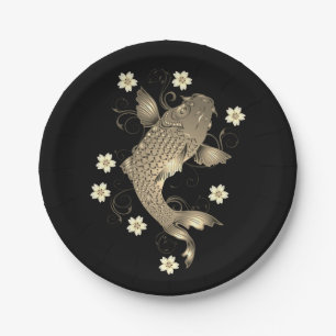 Koi fish oriental black and gold floral elegant paper plates