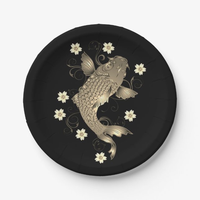 Koi fish oriental black and gold floral elegant  paper plates (Front)