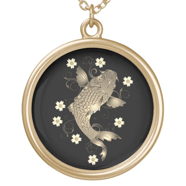 Koi fish oriental black and gold floral elegant  plated necklace (Front)